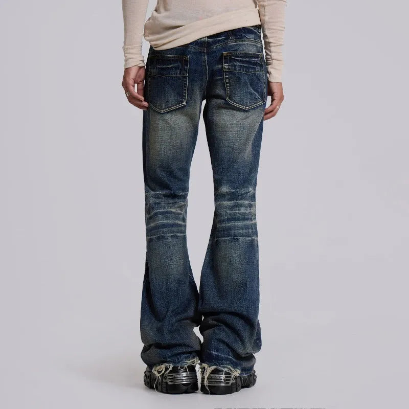 Men's slightly flared vintage jeans in black or blue, straight leg, linen fabric, edging detail, sizes S to XXL.