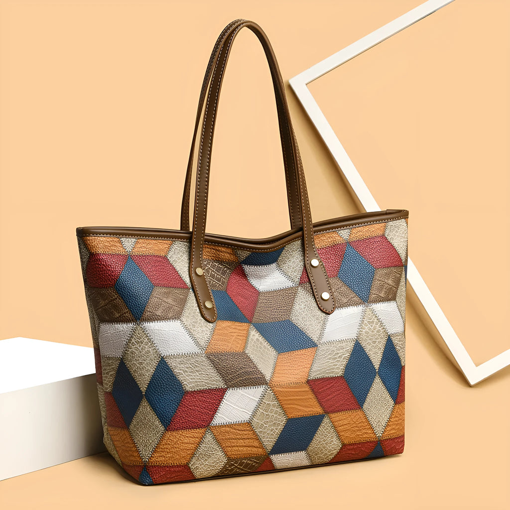 Women's large capacity PVC shoulder handbag in blue brown colour for business and travel