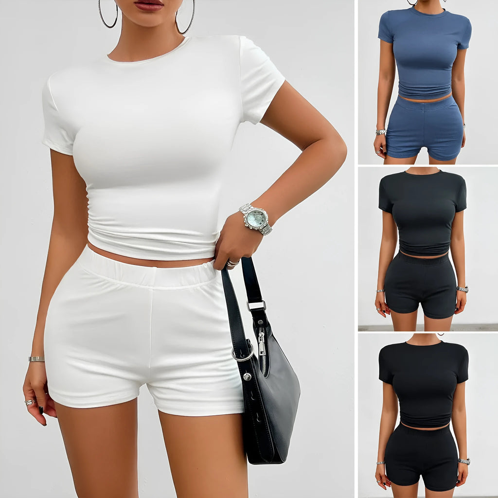 Women's slim solid colour sports suit set with short sleeve top and elastic shorts