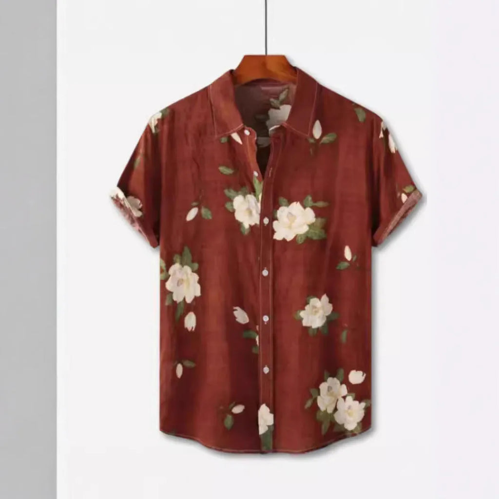 Men's Hawaiian print short sleeve shirt with lapel collar in floral pattern digital printed on elastic polyester fabric