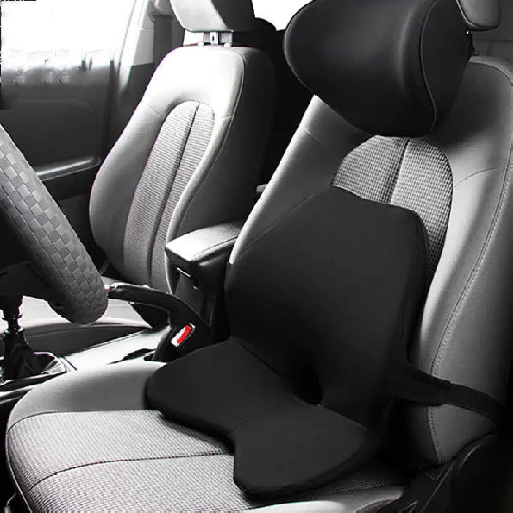 Car waist pad and headrest bundle in beige colour, made with memory cotton and a polyester cover.