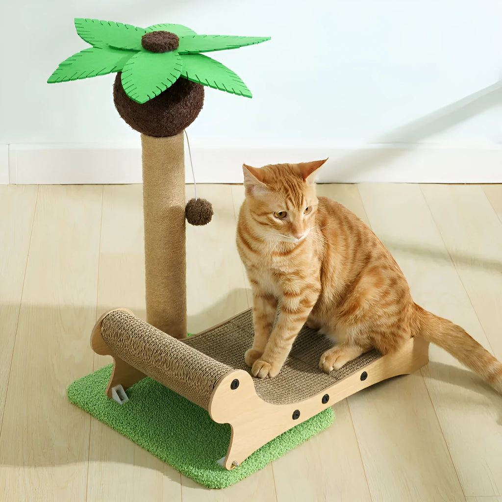 Wooden beach chair style cat bed with integrated scratch board and hemp mat surface