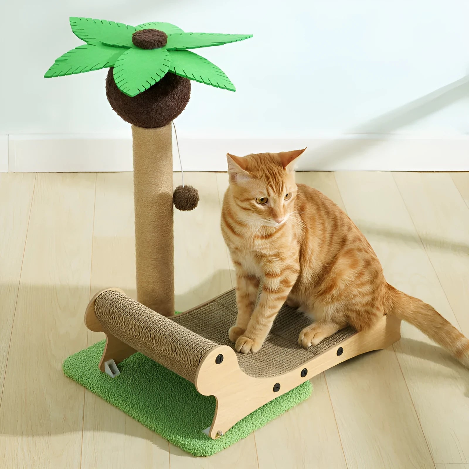 Wooden beach chair style cat bed with integrated scratch board and hemp mat surface