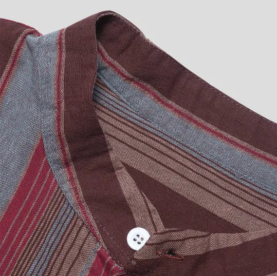 Men's long sleeve striped shirt with stand-up collar, lapel-style print and pocket decoration in red or yellow