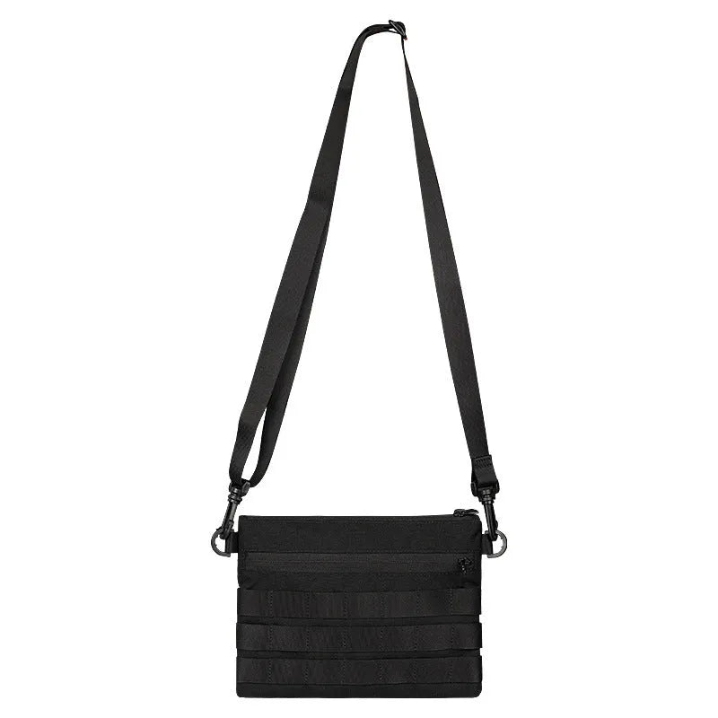 Black multifunctional outdoor kit made of Oxford cloth, measuring 18cm x 3.5cm, designed for military and camping use.