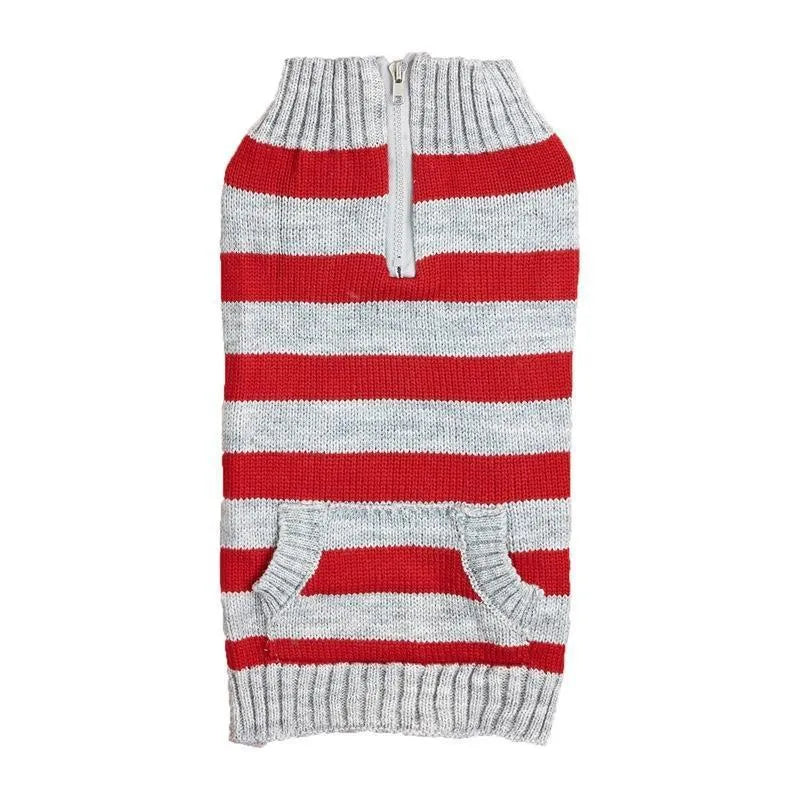 Grey dog sweater with horizontal zipper and blue button pocket on small dog