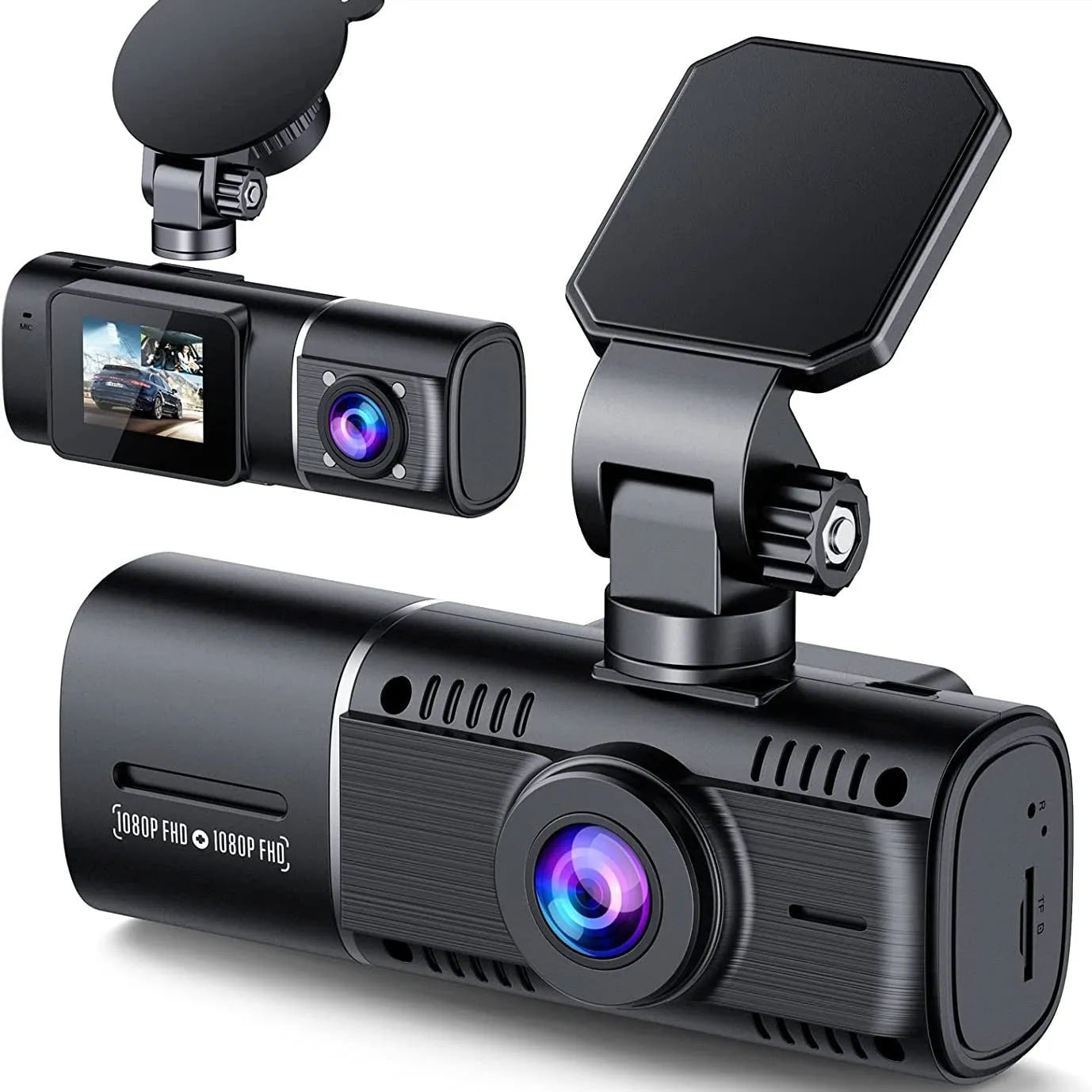 Standard black dual-channel dash camera with 1.5-inch screen on car windscreen.