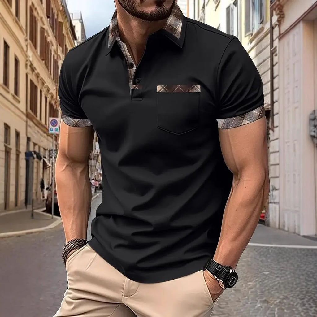 Men's plaid colourblock short sleeve T-shirt on hanger showing loose fit design