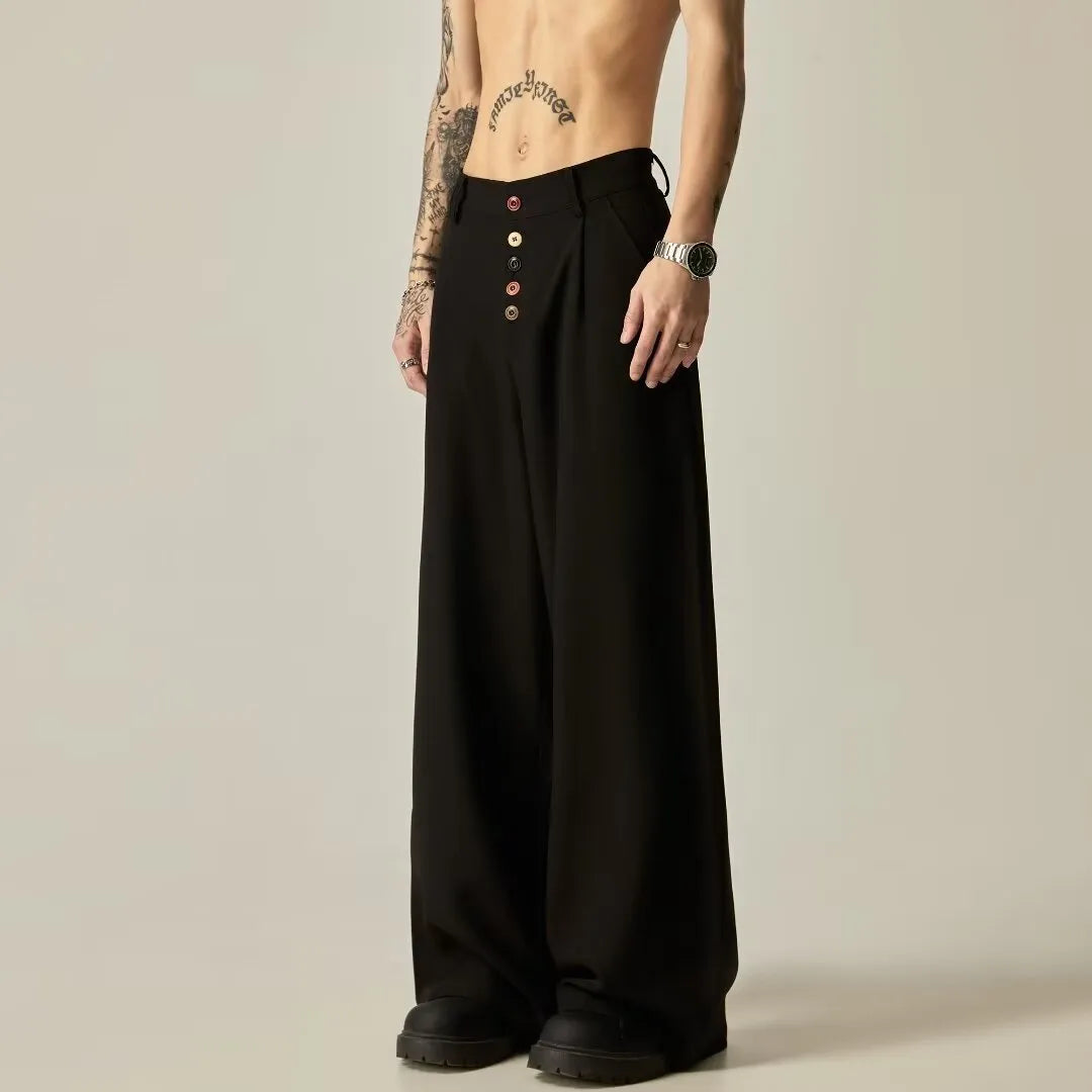 Men's black vertical tube wide-leg trousers showing cotton blend fabric texture and straight-leg silhouette