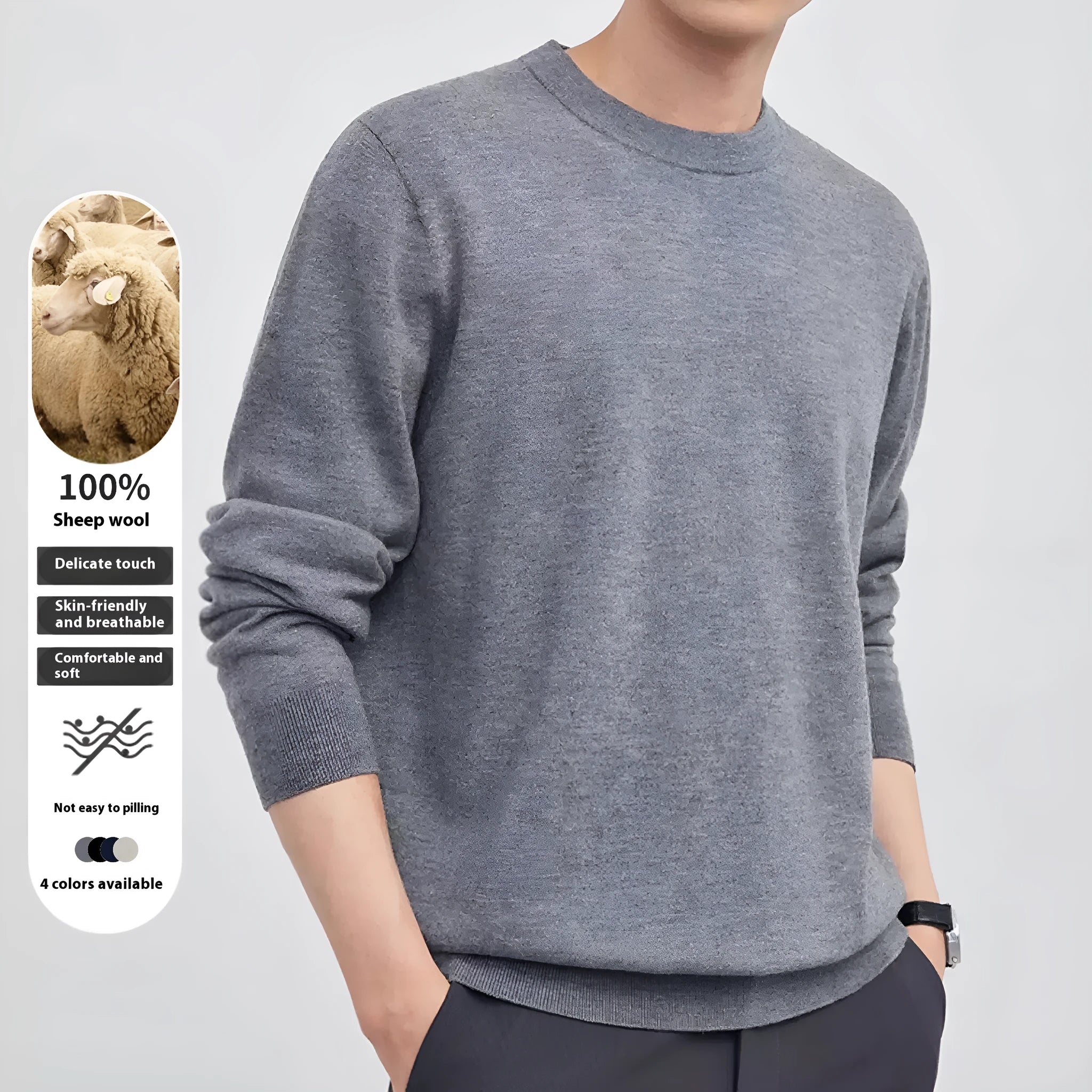Men's regular fit pullover sweater in light grey wool yarn for autumn wear.