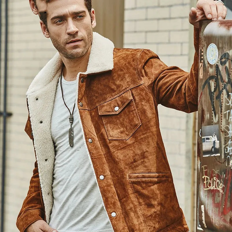 Men's brown genuine pigskin leather cotton padded jacket with lapel collar
