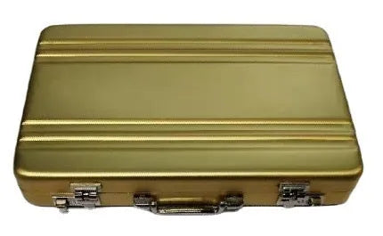 Slim aluminium alloy metal card holder in six colour options showing 100x65x16mm dimensions.