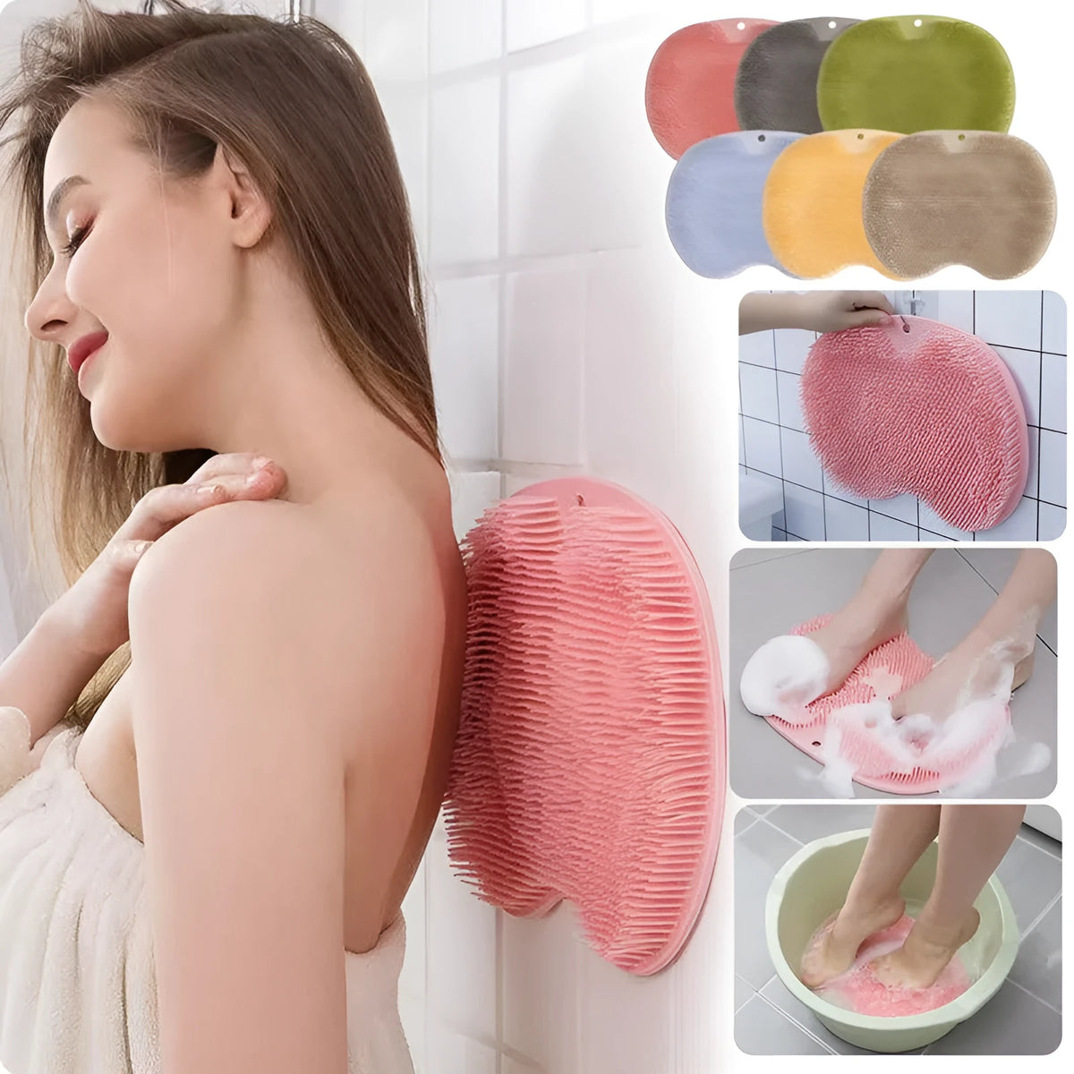 Orange silicone bristle bath brush with suction cup base on bathroom tiles.