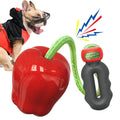 Apple-shaped dog dental chew toy with food-dropping ball in green and red colour options