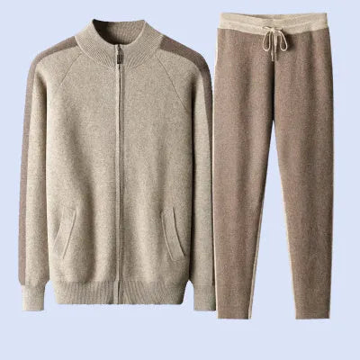 Men's cashmere wool blend knitted cardigan suit with half turtleneck zip front and matching trousers