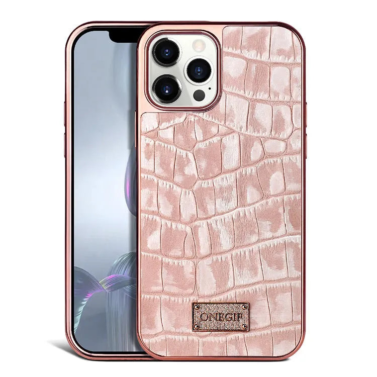 Real skin phone case with side all-inclusive electroplating, grid screen back cover, for iPhone 12 and iPhone 12 Pro Max