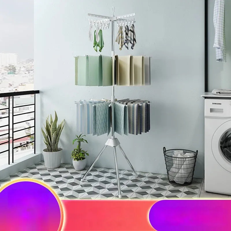 Three-layer stainless steel mobile drying rack with split plastic clips for socks, pants, and ties