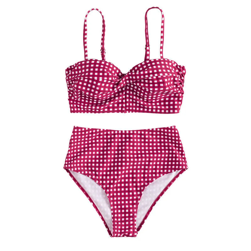 Women's high waist bikini swimsuit set with plaid pattern in multiple colour options