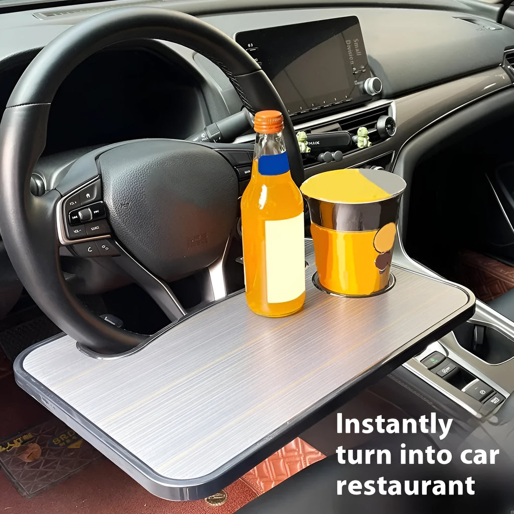 Foldable black car steering wheel laptop stand with cup holder accessory on 42x28cm surface