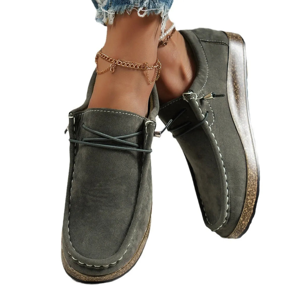 Plus size women's flat slip-on casual shoes with elastic band, PU upper, rubber sole, round toe, in grey, red, green, brown, or black, sizes 36-43