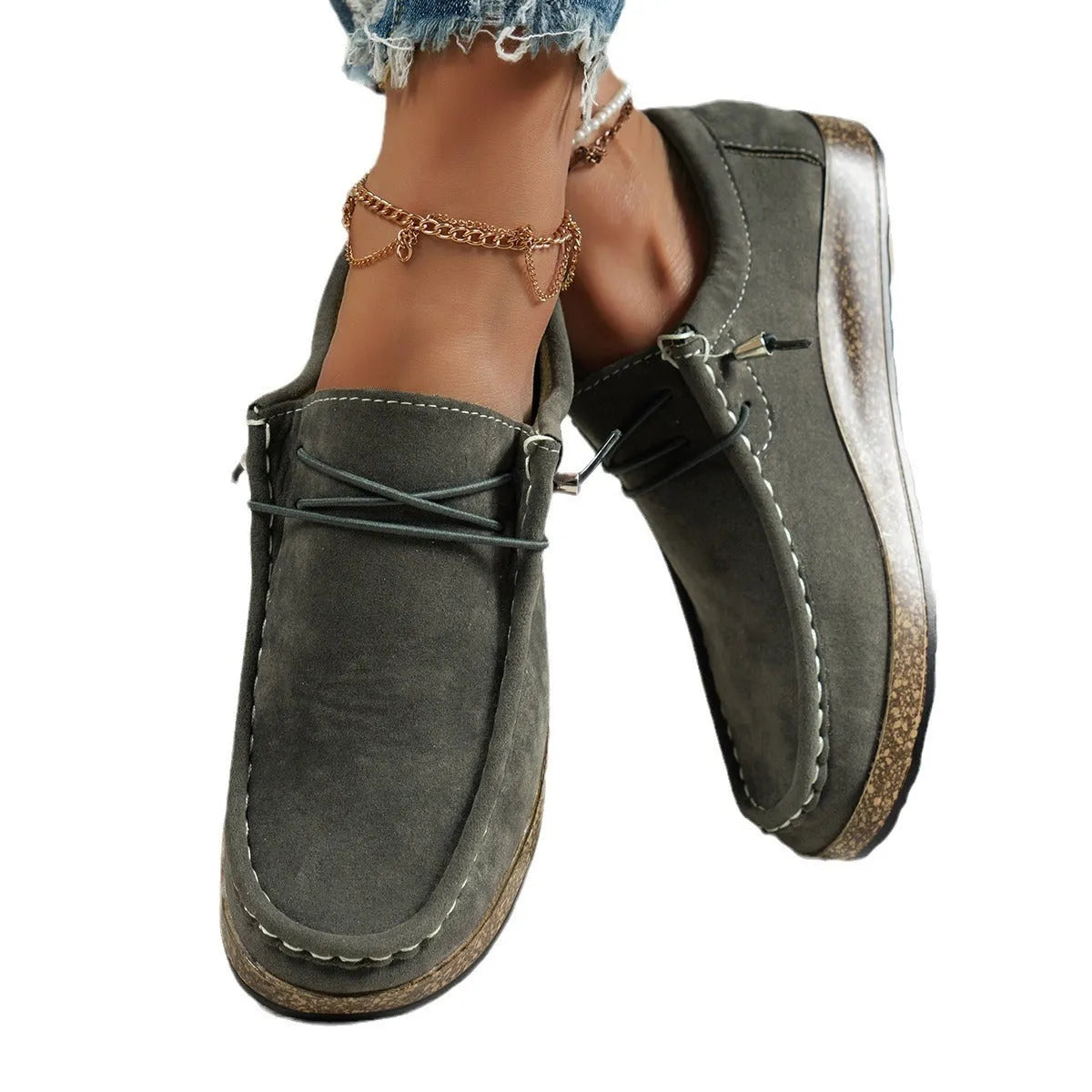 Plus size women's flat slip-on casual shoes with elastic band, PU upper, rubber sole, round toe, in grey, red, green, brown, or black, sizes 36-43