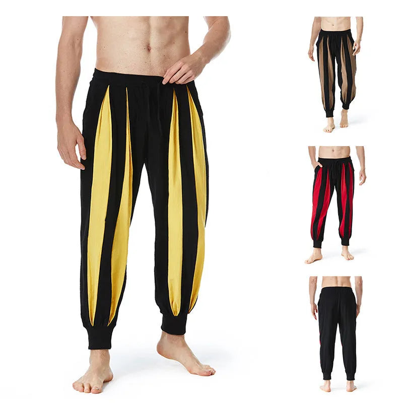 Men's straight-leg casual trousers in brown, khaki, red, and yellow colour options