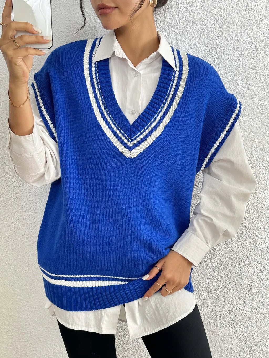 Women's blue college style acrylic polyester vest sweater with loose fit design