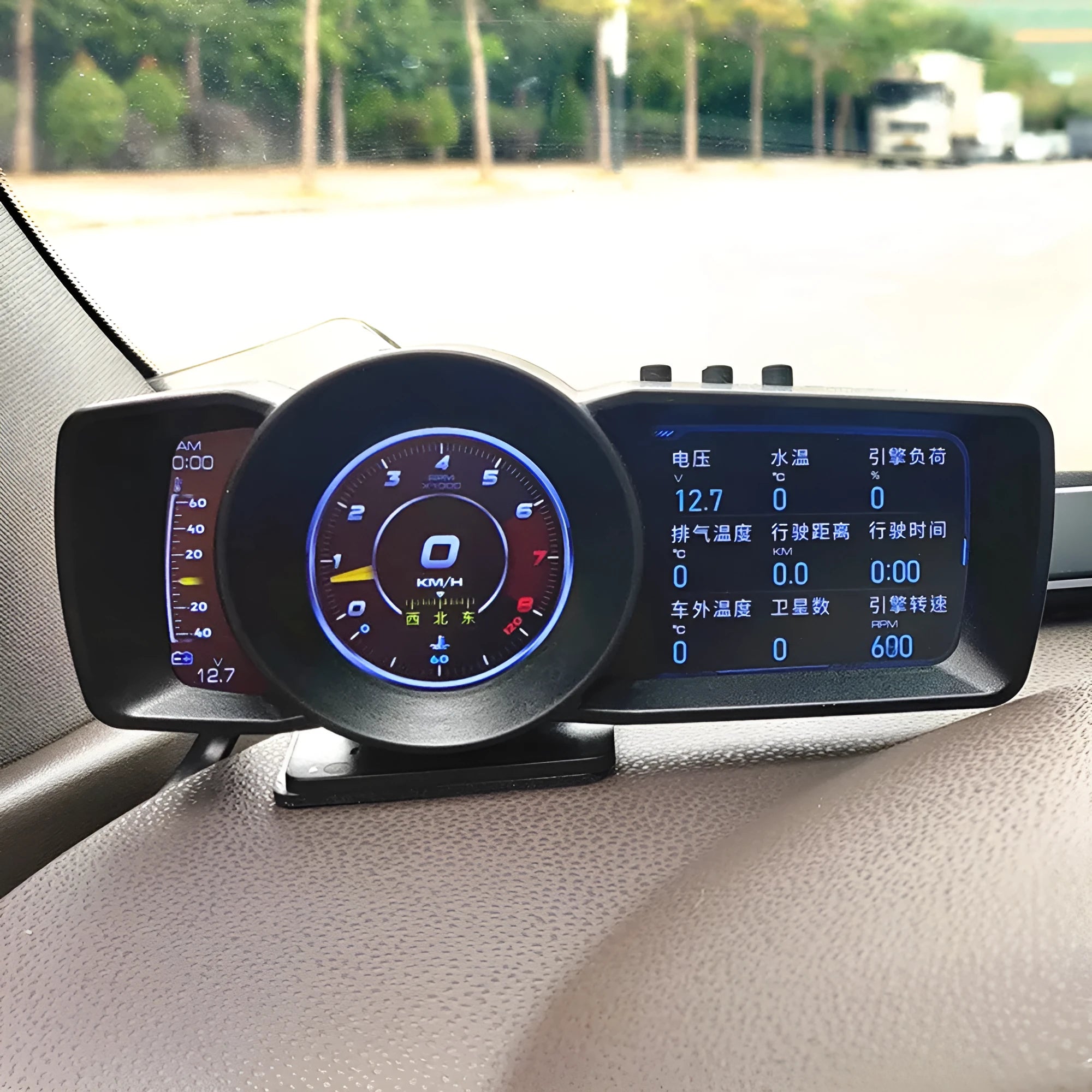 A600 OBDII vehicle diagnostic monitor with GPS BeiDou navigation on dashboard