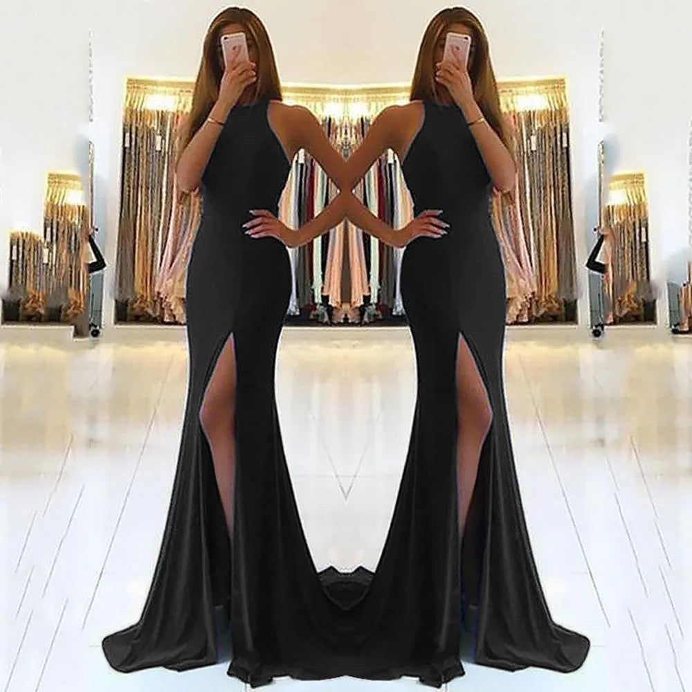 Long red evening dress with hollow details, high waist, and large swing skirt