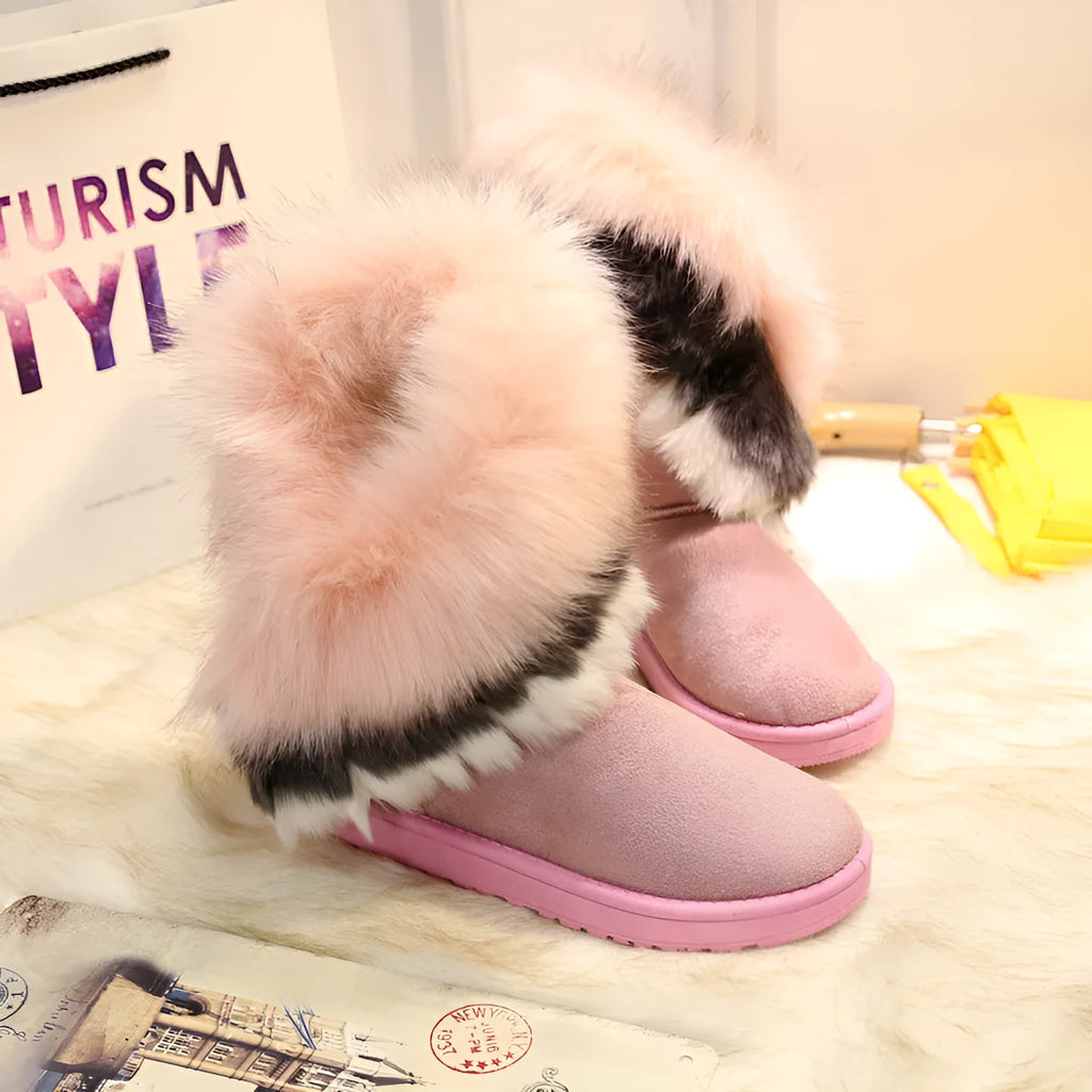 Winter snow boots with suede upper, rubber sole, artificial wool insole, and fluffy fox fur cuff, sizes 36-42.