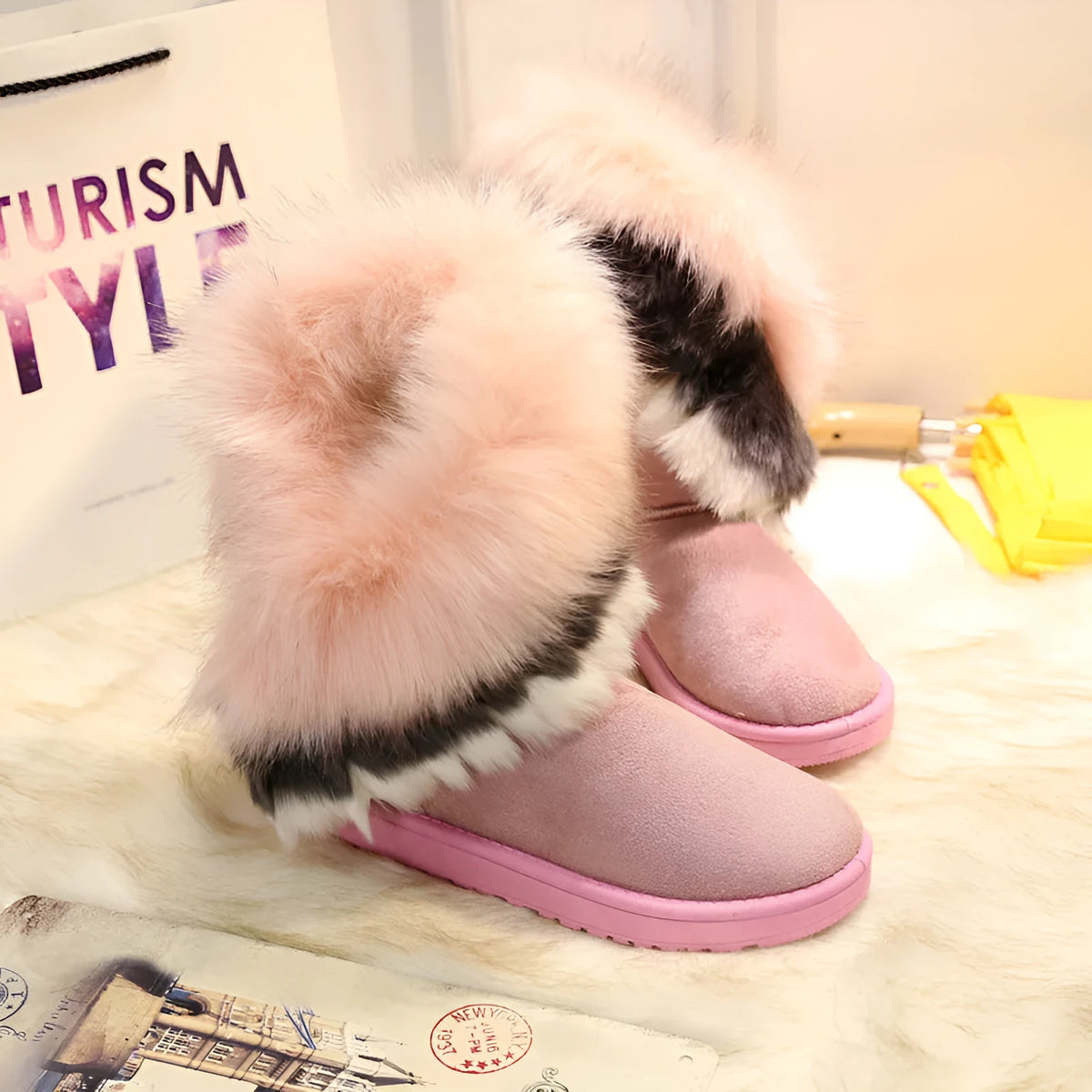 Winter snow boots with suede upper, rubber sole, artificial wool insole, and fluffy fox fur cuff, sizes 36-42.