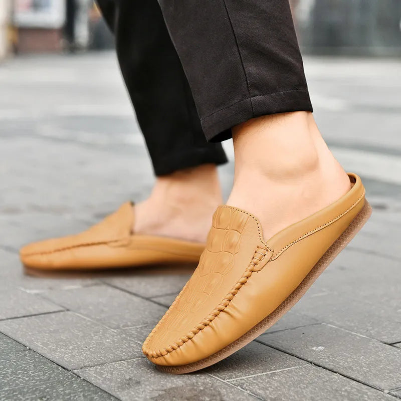 Men's black, grey and yellow breathable gommino semi-slippers with rubber sole