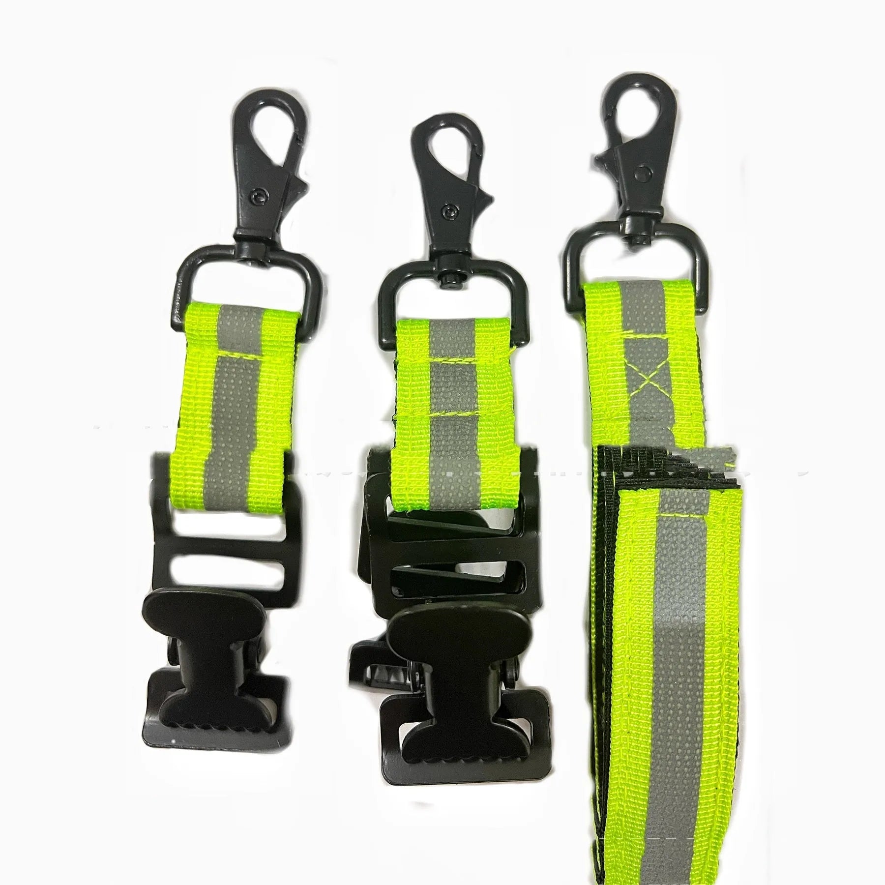 Fluorescent green metal safety glove clip with reflective tape and adjustable buckle.