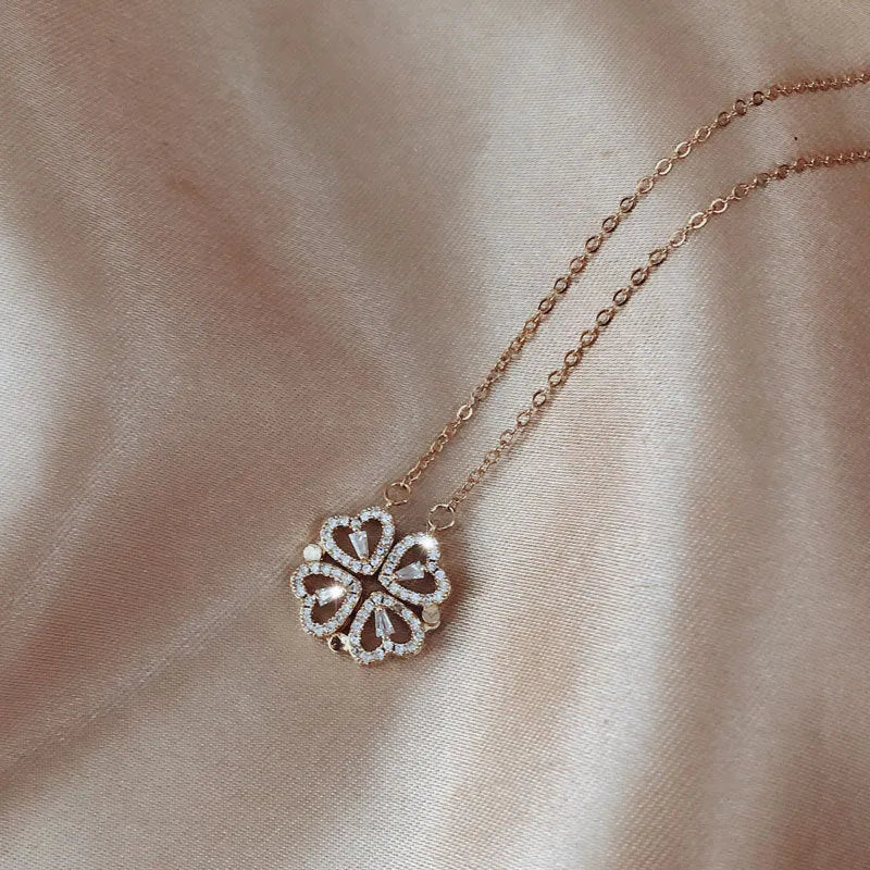 Silver detachable four leaf clover necklace in titanium steel with zircon stones and magnetic folding heart pendant