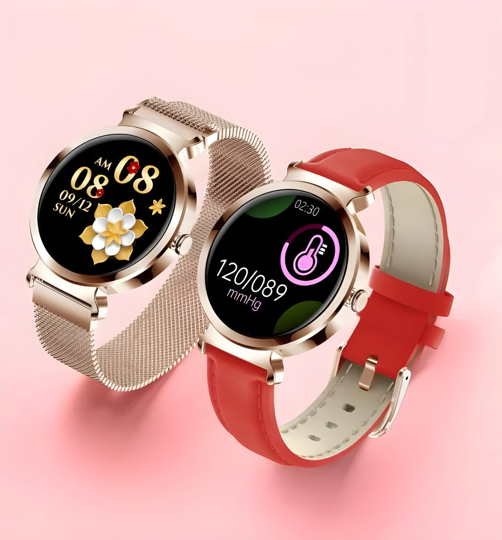 Zinc alloy smart bracelet jewellery watch with colourful strap options on a wrist.