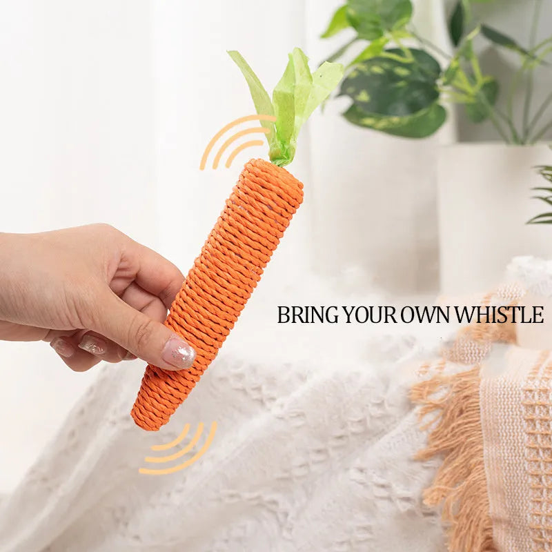 Interactive cat toys set with carrot-shaped bites, paper rolls, ringing stones, feather sticks, and dental grinding sticks
