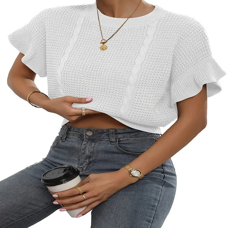 Women's twisted string design knitted pullover with ruffled short sleeves in loose Japanese Korean casual style