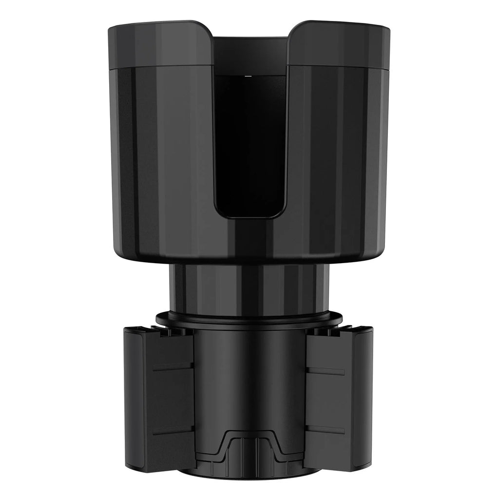 Matte black car cup holder expander with adjustable base for oversized drink containers