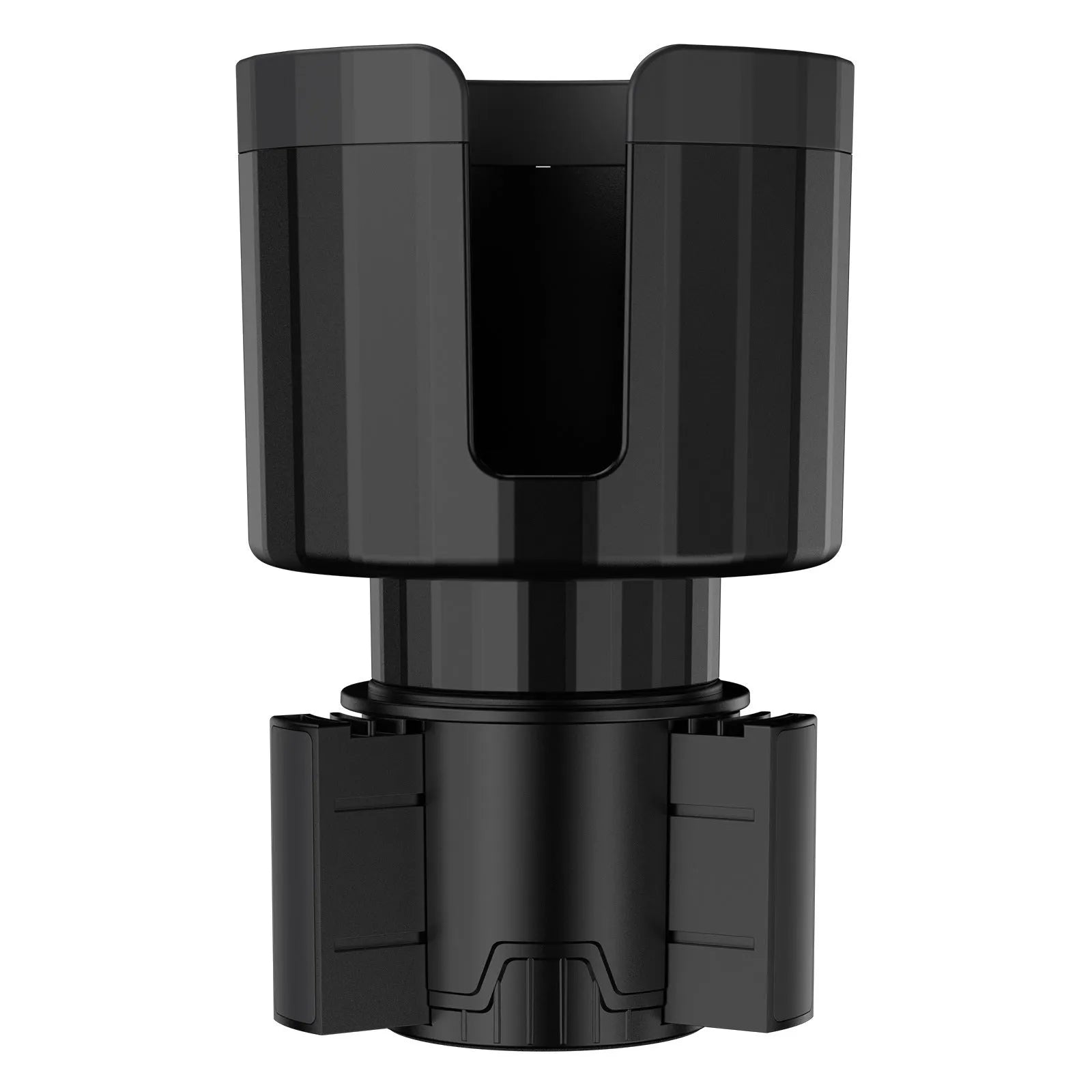 Matte black car cup holder expander with adjustable base for oversized drink containers