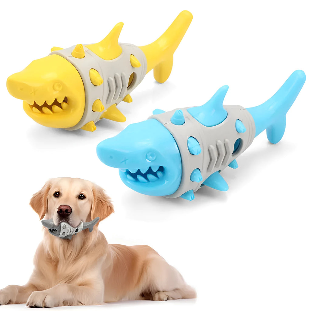 Blue, grey, and yellow shark-tooth shaped dog teething toy with textured surface