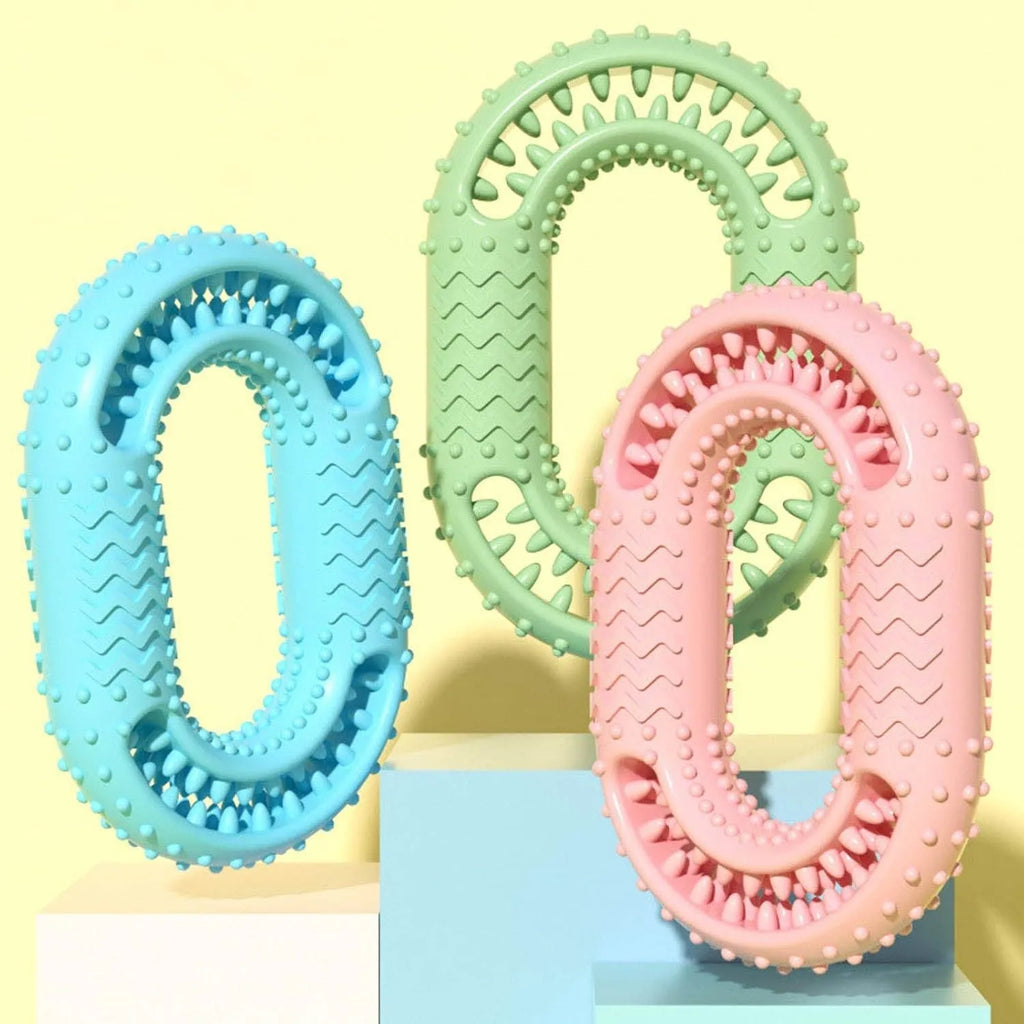 Blue green pink O-ring dog chew toy for aggressive chewers with dental benefits