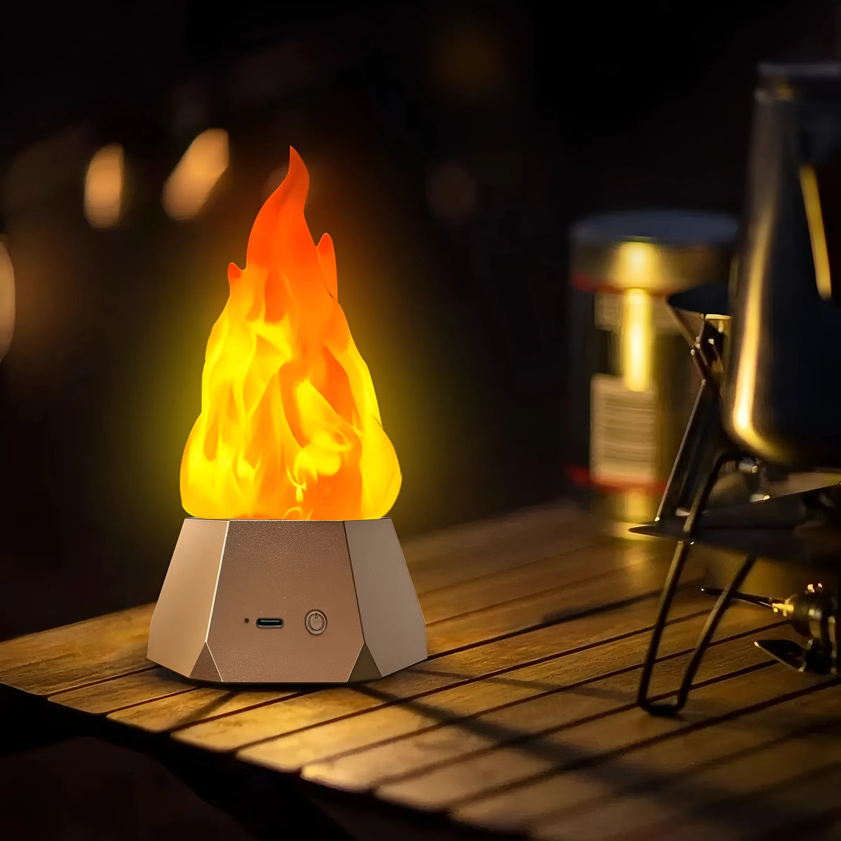LED flame decorative night lights with gold charging base and vinyl shell for outdoor courtyard use