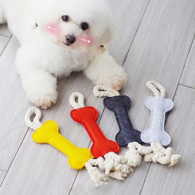 Bone-shaped dog chew toy with a rope knot interior and a soft felt exterior, shown in blue colour.