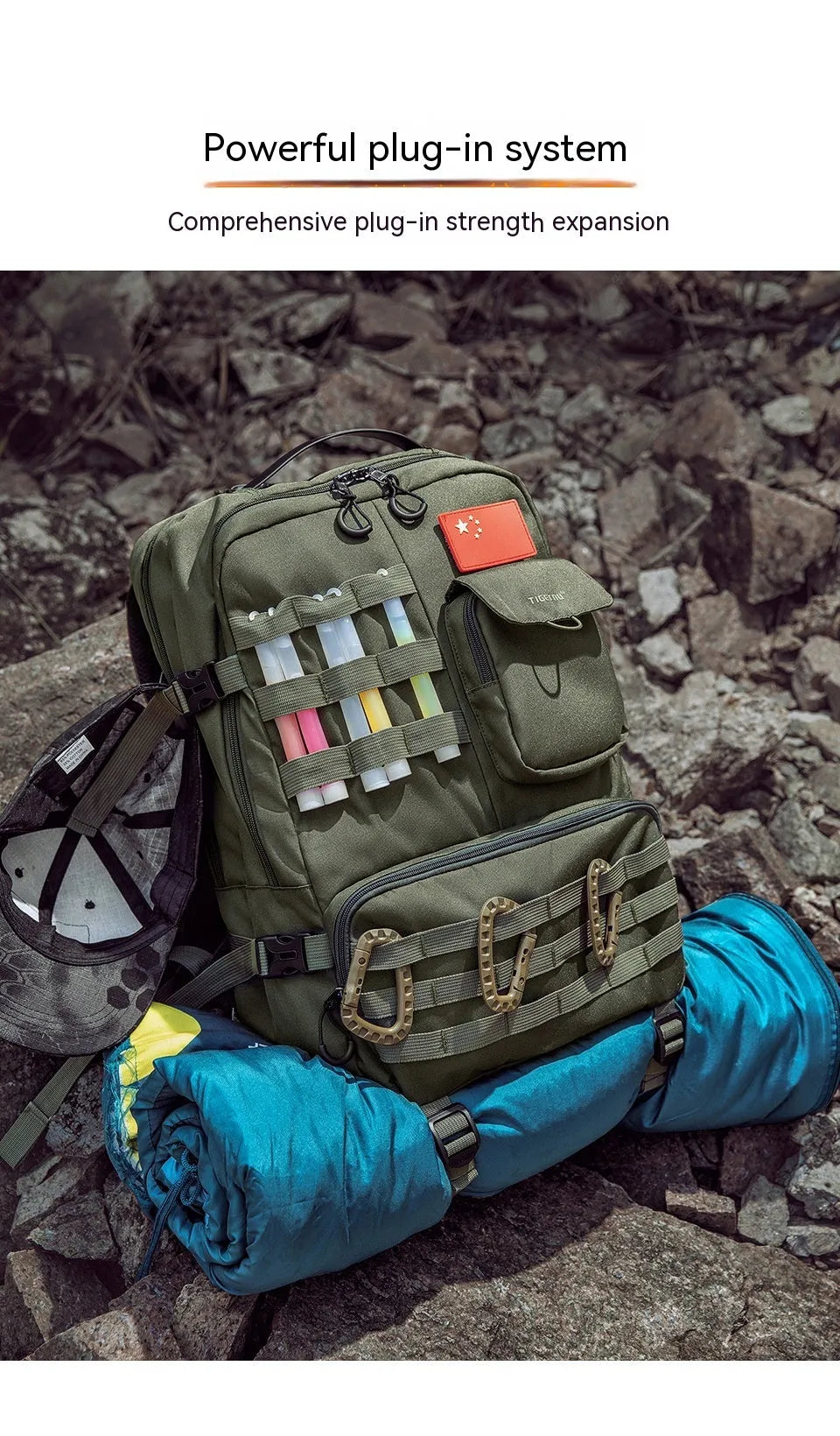 Army Green 17-inch tactical backpack with multiple compartments, shown outdoors.