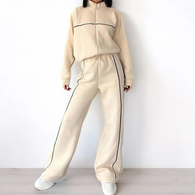 Women's casual two-piece suit with zippered hoodie and striped trousers in apricot colour