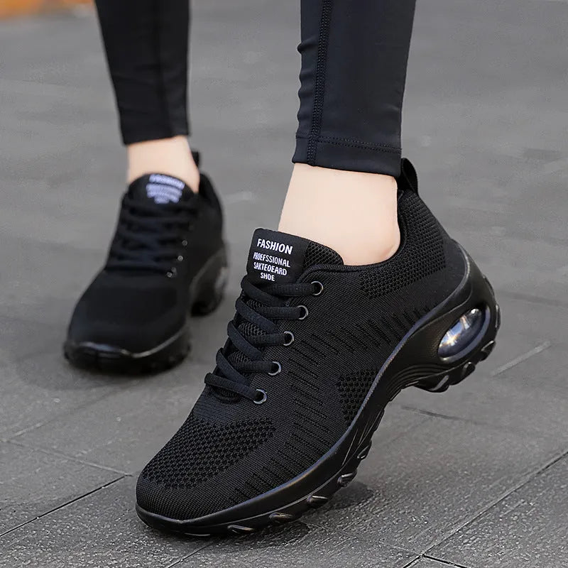 Red and black women's round toe lace-up mesh sneakers with low top and mid heel on PU sole