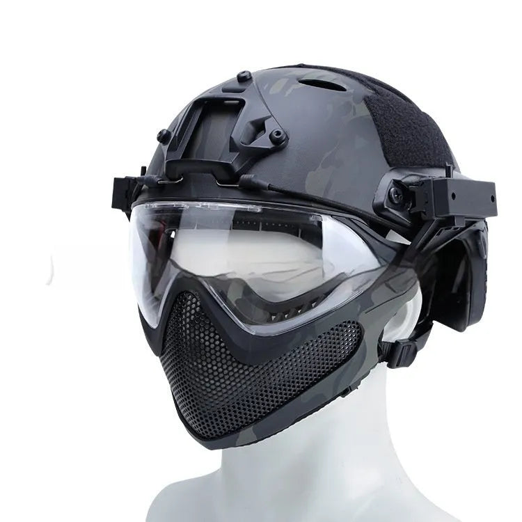 ABS integrated helmet with loading and unloading mask, shown in black, green, sand, CP, black CP and grey, sizes M and L