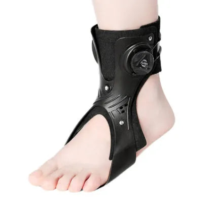 Grey and black ankle fixation brace with airbag button support mechanism for training and rehabilitation