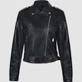 Women's red PU leather motorcycle jacket with belt lapel design on a hanger