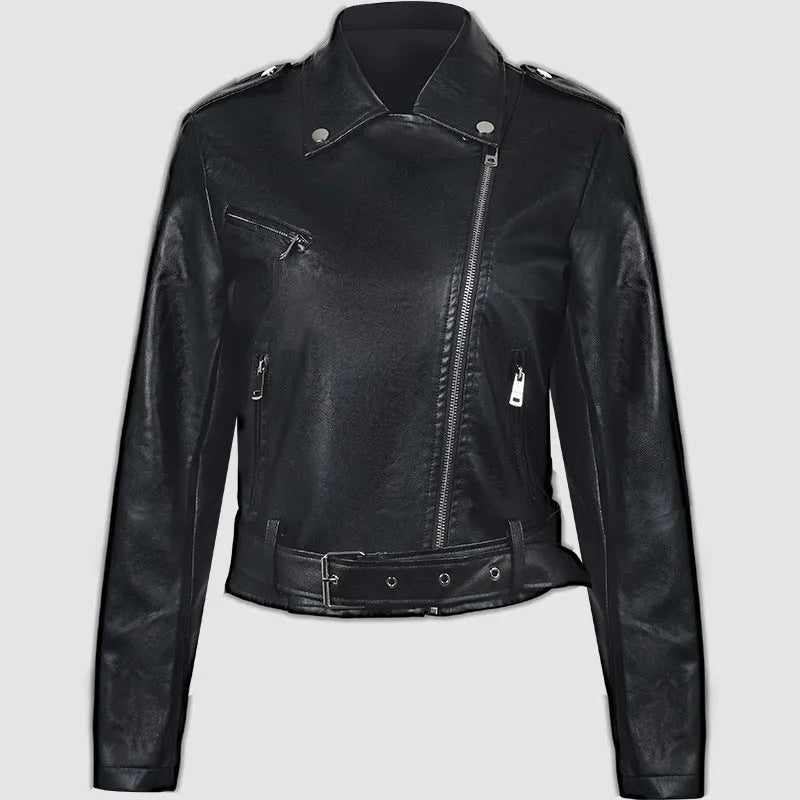 Women's red PU leather motorcycle jacket with belt lapel design on a hanger